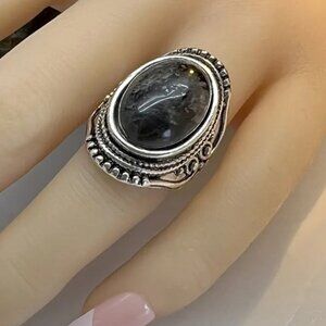 3/$35 Retro Natural Black Stone Ring Antique Silver Ethnic Chunky Jewelry
